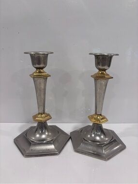 Vintage pair silver tone & brass geometric tapered candle holders art deco 7”